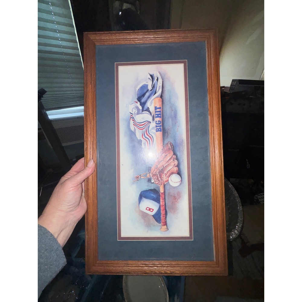 Vintage Glenda Brown Baseball Big Hit Framed Watercolor Print Kids Room Decor
